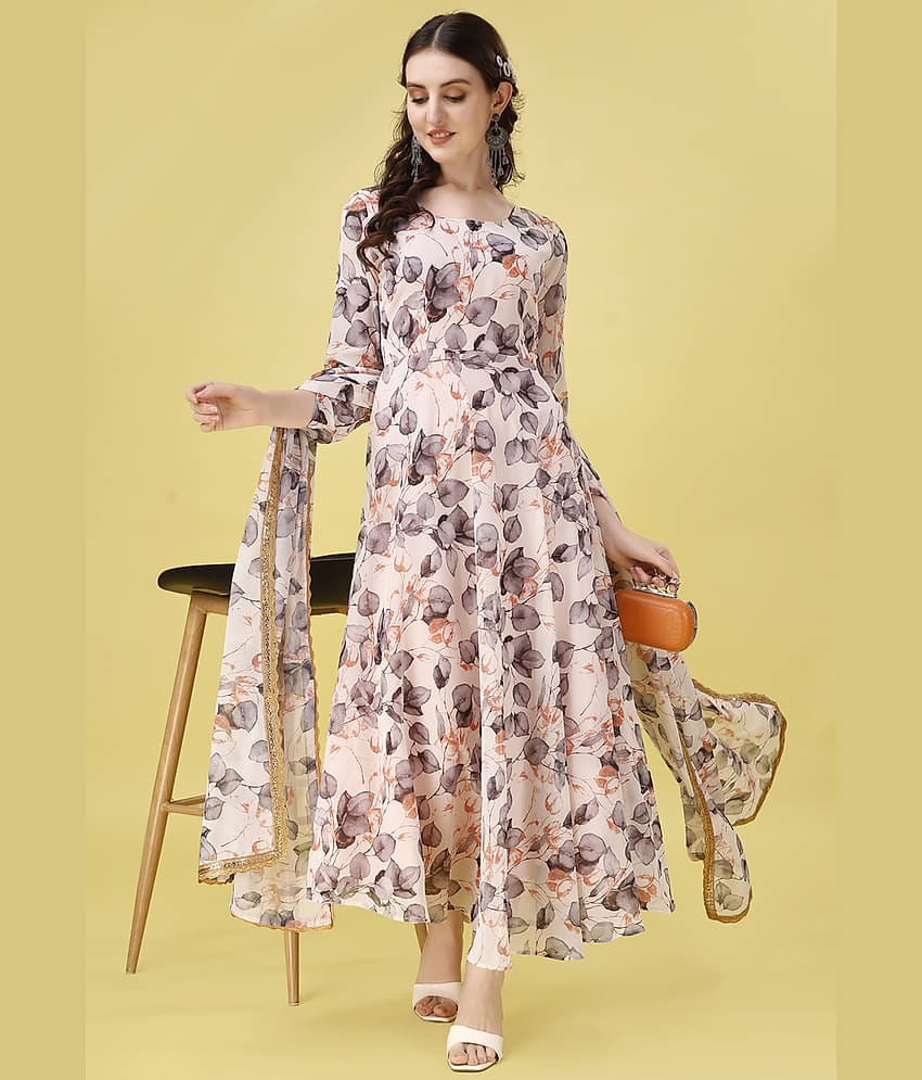 kedar fab White Anarkali Georgette Women's Stitched Ethnic Gown ( Pack of 1 )