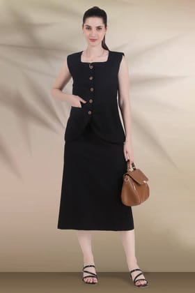 Linen Blend Skirt with Vest Style Top, Black-XS / XS