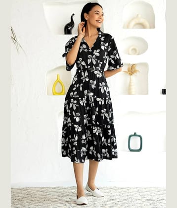 aask Women Polyester Printed Fit & Flare Dress ( Black )