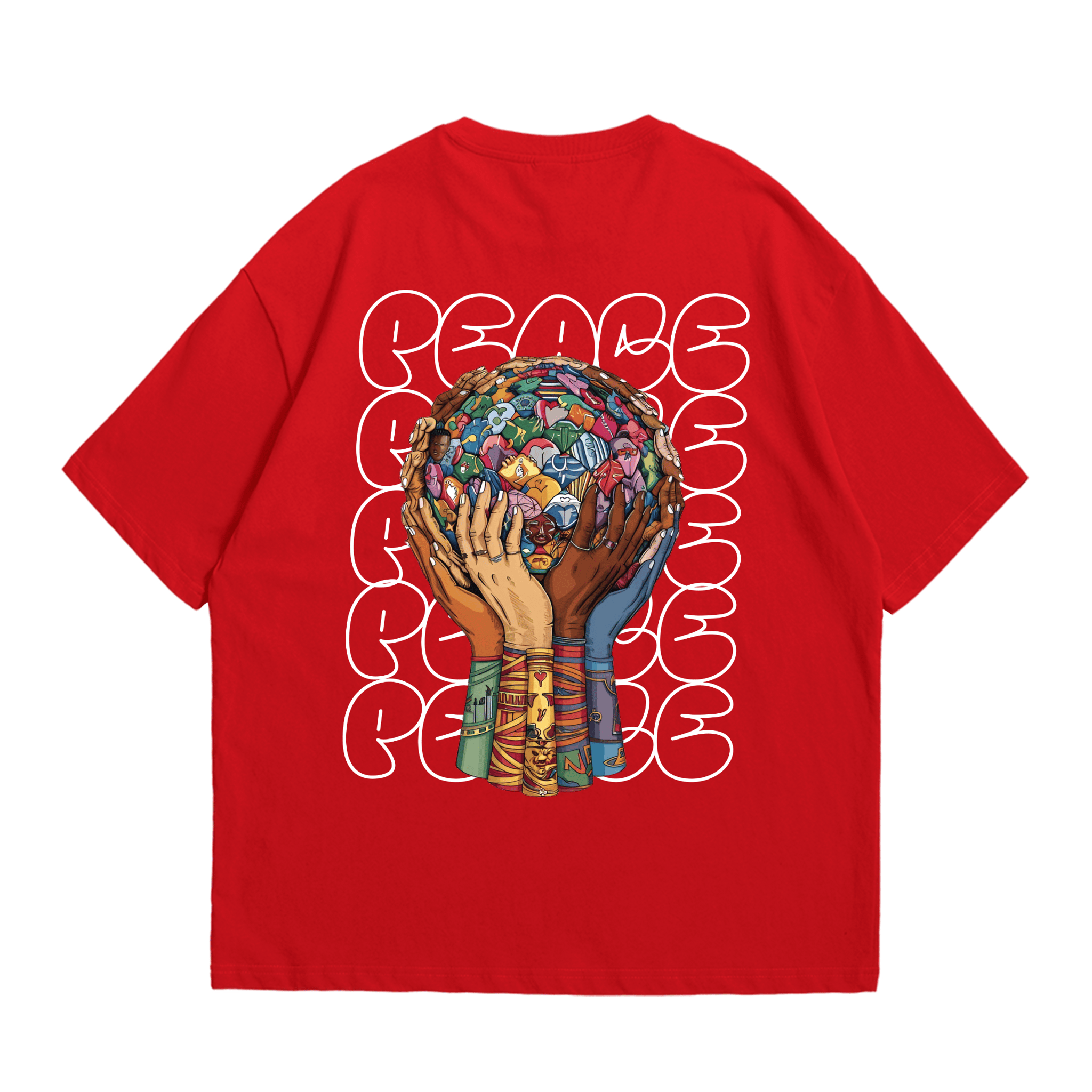 RASB's "World Peace" Tee - Round Neck Drop Shoulder Graphic Printed Oversized Cotton T-shirt-S / Red