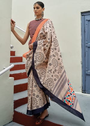 Vanilla Cream Printed Cotton Silk Saree