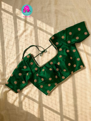Bottle green Hand Embroidered Pure Raw Silk blouse-XS