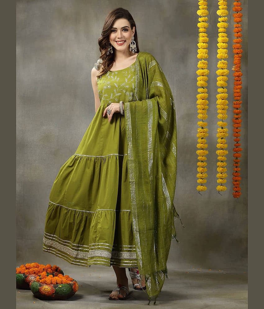 Stylum Cotton Embroidered Tiered Flared Women's Kurti with Dupatta - Green ( Pack of 1 )