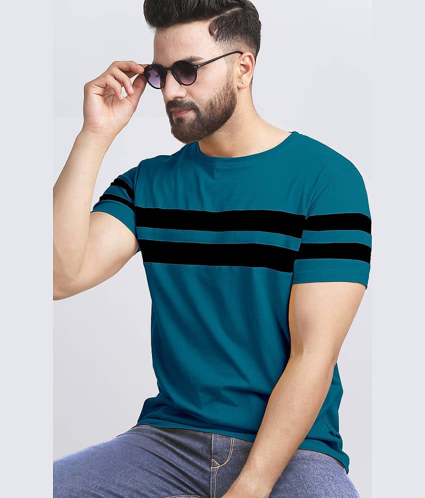 ENITOR Men Cotton Blend Regular Fit Striped T-Shirt ( Teal )