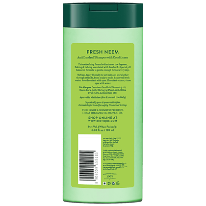 Biotique Fresh Neem Anti Dandruff Shampoo With Conditioner - Reduces Dryness, Flaking, 180 Ml