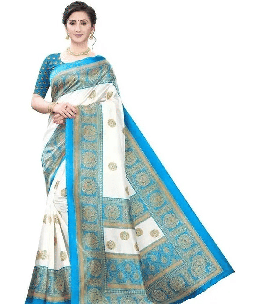 Grubstaker Art Silk Printed Saree With Unstitched Blouse Piece ( White,SkyBlue )