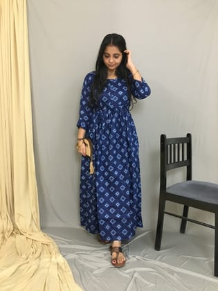 Blue Square Bandhani Print - Maternity Kurti with Feeding Zips - Cambric Flex - Thicker Fabric-44 - 46 ( XXL - 3XL )