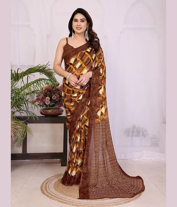 TTH Georgette Printed Regular Saree With Unstitched Blouse Piece ( Brown )