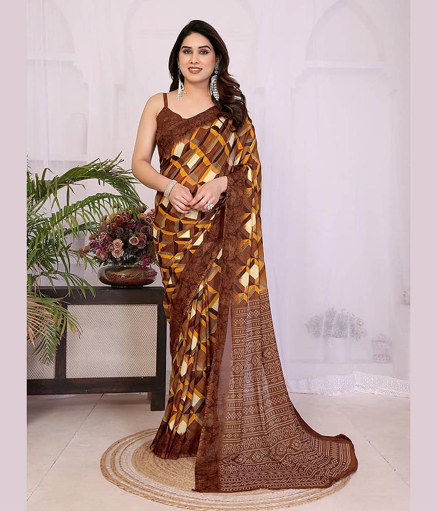 TTH Georgette Printed Regular Saree With Unstitched Blouse Piece ( Brown )