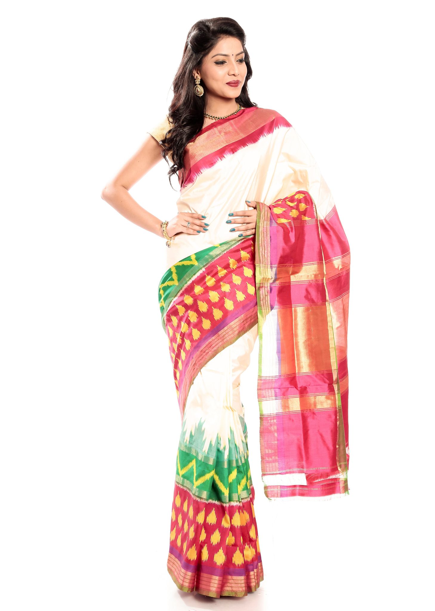 Ivory Pochampally Saree - Ikkat Silk Saree