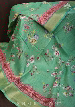Green Digital Printed Silk Linen saree