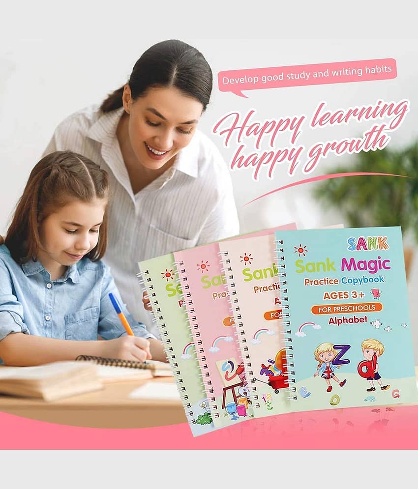Sank Magic Practice Copybook - (1 Pen + 1 Grip + 4 BOOKS + 10 REFILL) Number Tracing Book - Writing Book - Magic Calligraphy - Copybook Set - Calligraphy Pen - Calligraphy Book - Practical Reusable Writing Tool - Simple Hand Lettering for Preschoolers