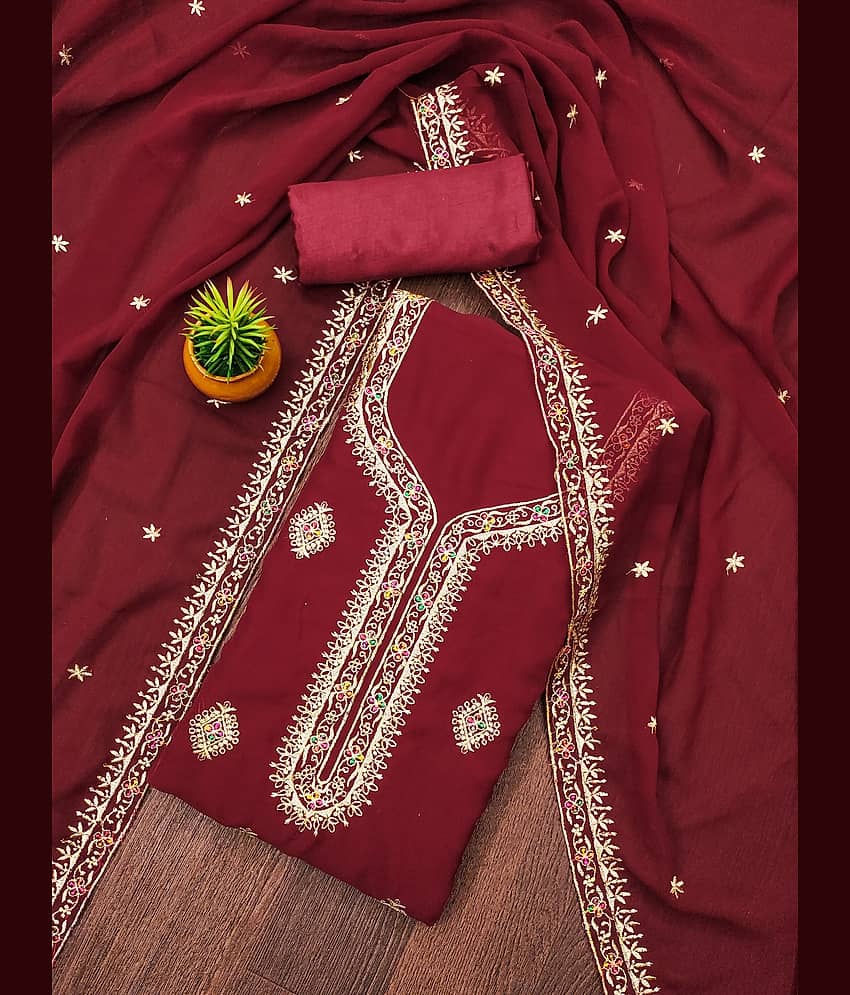 Rangtulika Ethnics Unstitched Georgette Embroidered Dress Material - Red ( Pack of 1 )