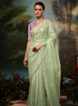 Pista Green Soft Silk Swarovski Diamond Work Saree