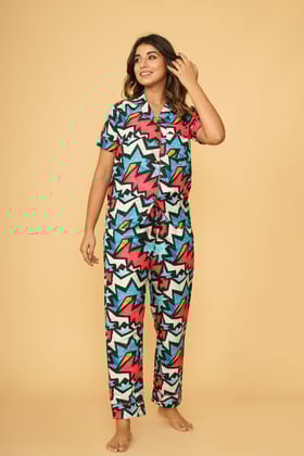 Abstract Pattern Half Sleeve Pyjama Set-S / Multicolor / Rayon Blend