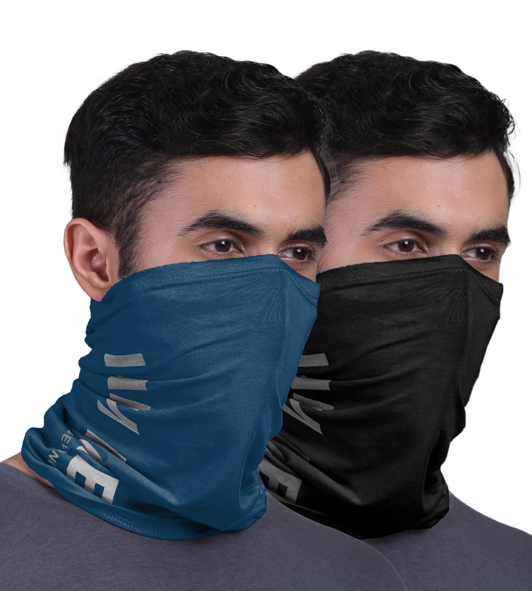 FREECULTR Unisex Bamboo Bandana, Anti Microbial Super Soft & Comfort Fit, Breathable Multipurpose Headband, Face Mask for Dust Protection and Sun - Printed Pack of 2-Black,Sapphire Blue