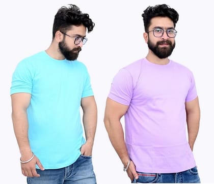 Tru Threads Solid Premium T-Shirt 2 Pcs Combo - Lavender, Cyan (Size - M)