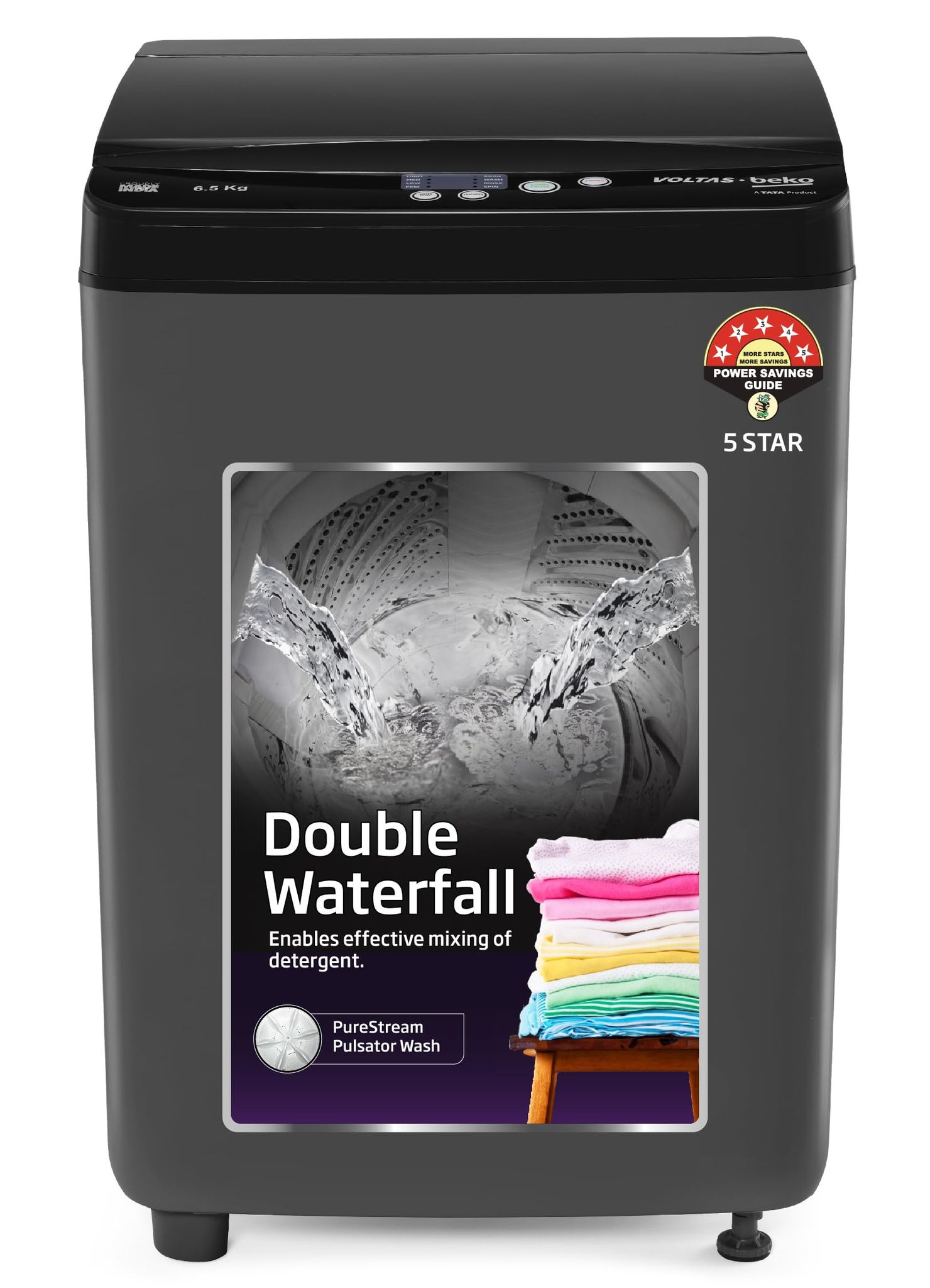Voltas Beko, A Tata Product 6.5 Kg 5 Star Fully-Automatic Top Loading Washing Machine (WTL6504UEA/OBS2P10 Eco-Series,Dark Grey, Pulsator wash and Double waterfall technology) Voltas Beko, A Tata Product 6.5 Kg 5 Star Fully-Automatic Top Loading Washing M