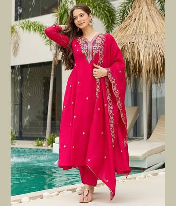 Eeloo Women Silk Embroidered Straight Kurti With Pants ( Pink )