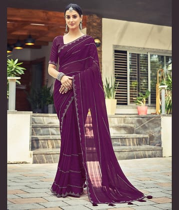 Samah Georgette Embellished Saree With Unstitched Blouse Piece ( Wine )