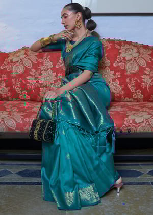 Teal Blue Dual Tone Woven Banarasi Silk Saree