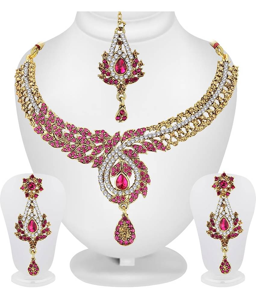 Spargz New Indian Bollywood Gold Plated Purple AD Stone Fashion Bridal jewellery Necklace Set For Women AINS_303