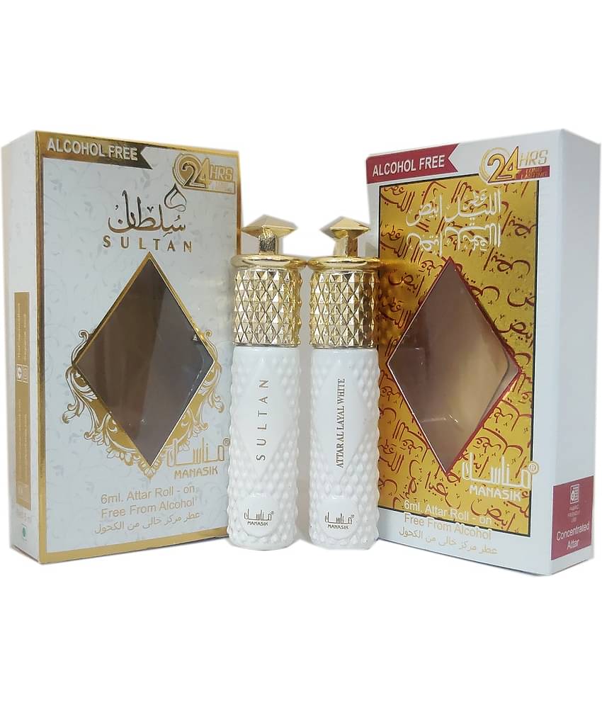MANASIK ATTAR AL LAYAL WHITE & SULTAN  Concentrated   Attar Roll On 6ml .  ( COMBO SET )