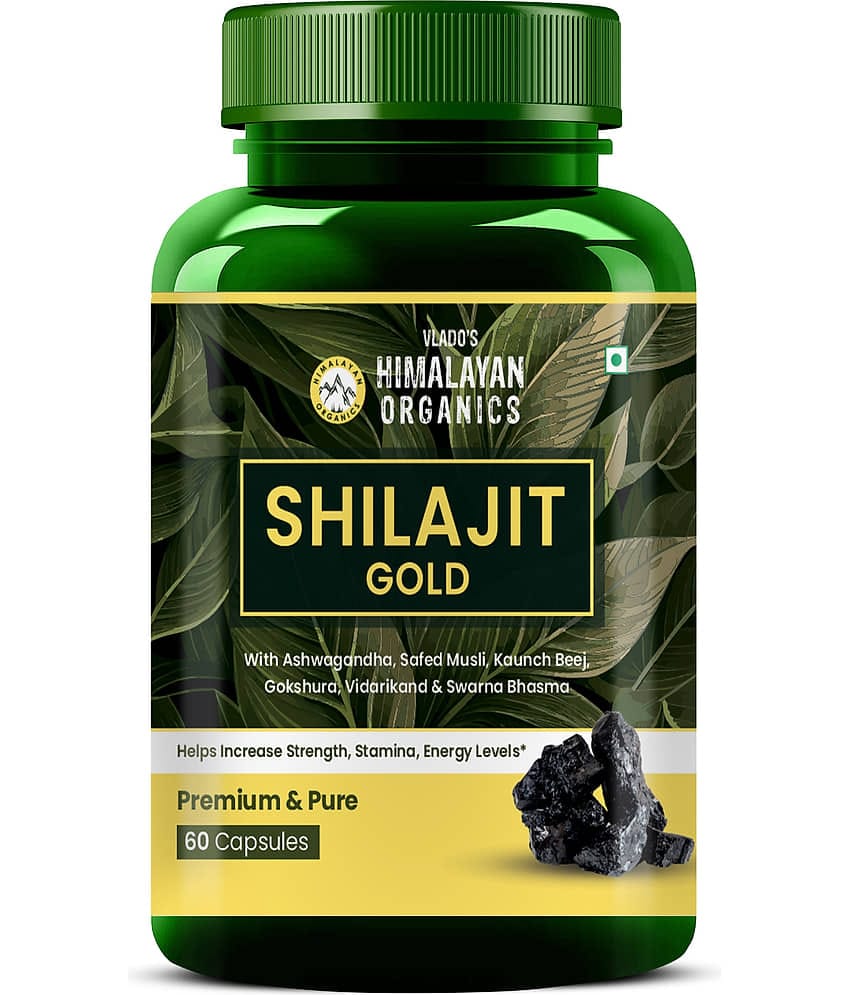 Himalayan Organics Pure Shilajit 24 carat Gold with Ashwagandha, Safed musli, Kaunch beej , Gokshura Swarna & Rajat Bhasma +10 more Ayurvedic herbs - -Boost Stamina, Strenght, Energy Power, Build Muscle Mass - 60 Veg Capsules