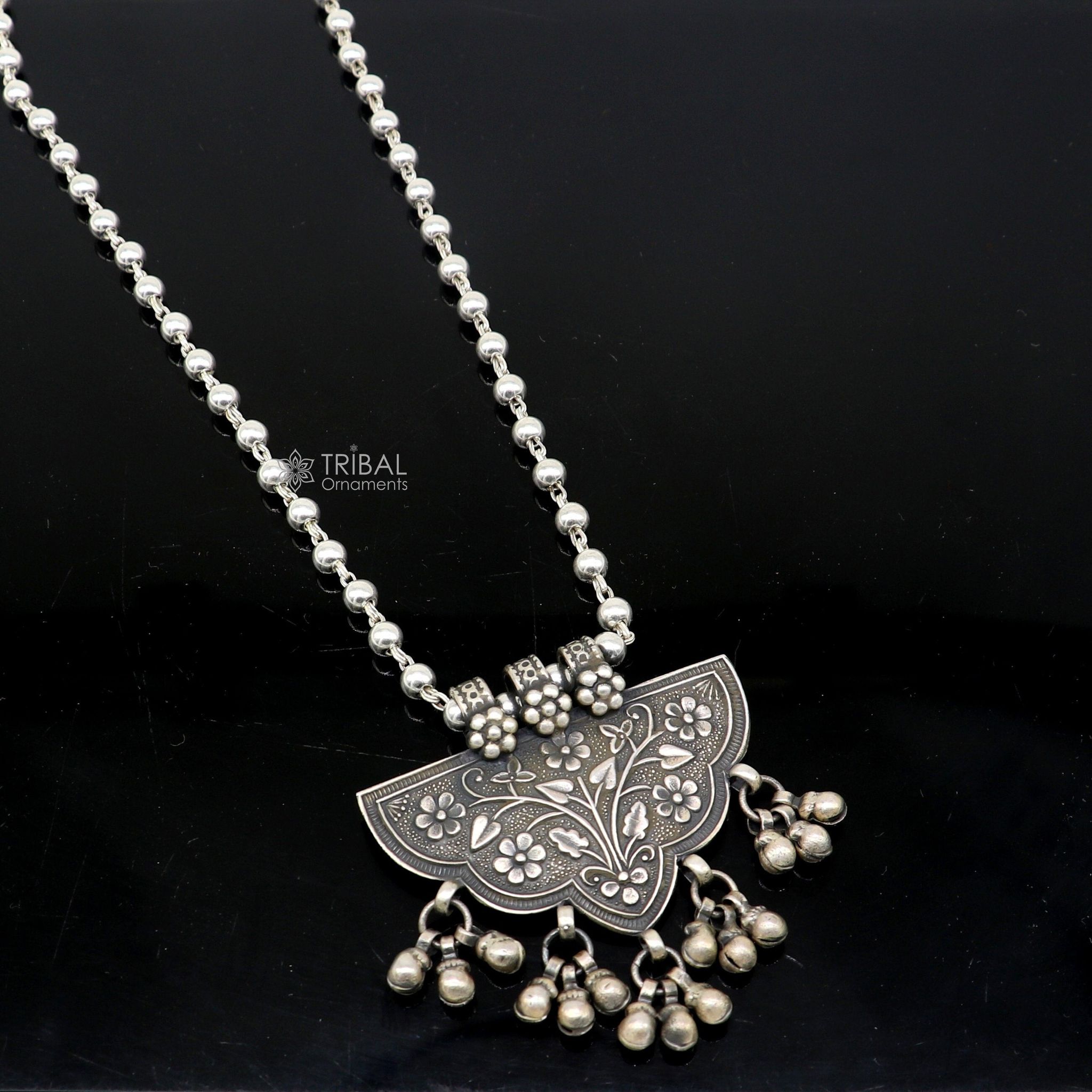 India traditional cultural style handmade 925 sterling silver chitai work pendant with silver beaded necklace best for all outfit set693-24''