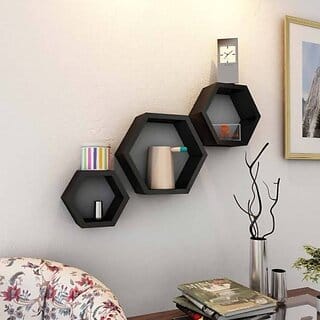 Onlinecrafts Wooden Wall Shelf Wooden Wall Shelf (Number Of Shelves - 3, Black)