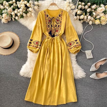 Rayon Embriodered Western Boho Long Maxi Dress-S