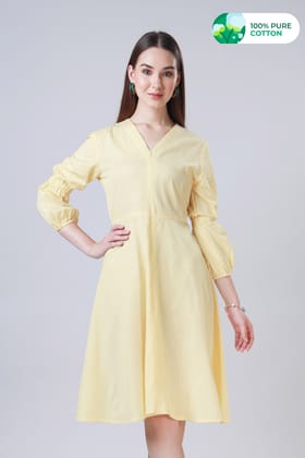Women Solid Fit And Flared Melodic Pure Cotton Dress-XXS / Beige / DR0090- F-PLCF0027 -2.80 MTR-NIL-NIL-EL0010-28-THY003-NIL-ZPH003-NIL-NIL-NIL-NIL-NIL