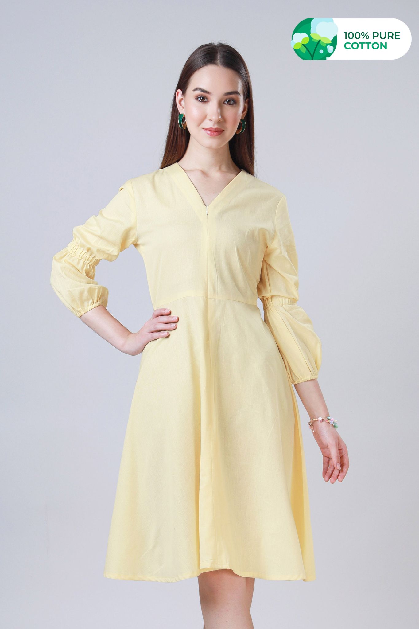Women Solid Fit And Flared Melodic Pure Cotton Dress-XXS / Beige / DR0090- F-PLCF0027 -2.80 MTR-NIL-NIL-EL0010-28-THY003-NIL-ZPH003-NIL-NIL-NIL-NIL-NIL