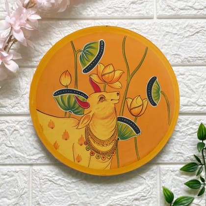 Hand-painted Yellow Pichwai Cow Wall Plate - 10'