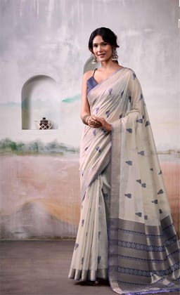 Silver Grey Woven Design Zari Pure Cotton Saree With Blouse