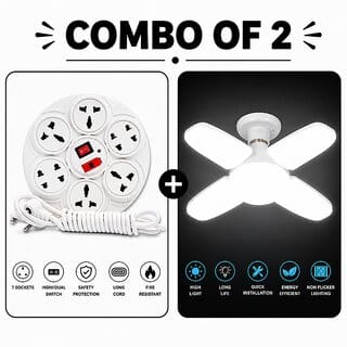 (Combo of 2) Sarvatr 28W Foldable Fan Blade LED Bulb B22 Holder & Black Apple 8 Socket Extension Board with 3M Cable