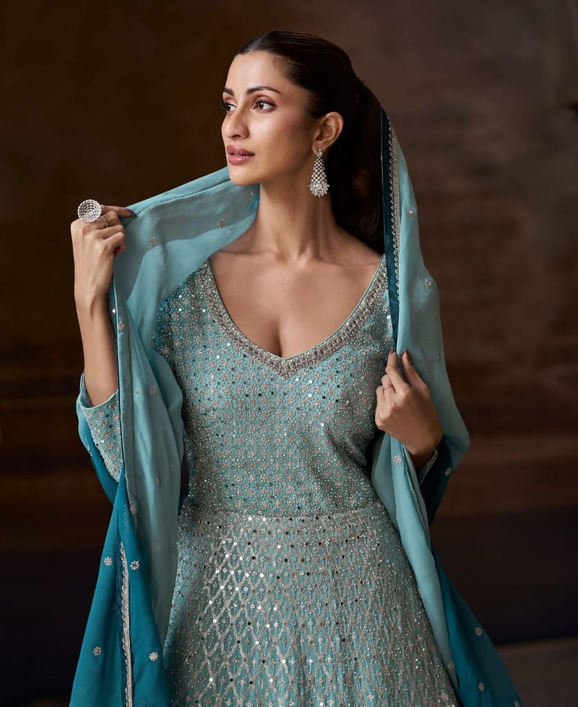 New Chinon Sky Blue Anarkali Suit for Women – Wedding Wear