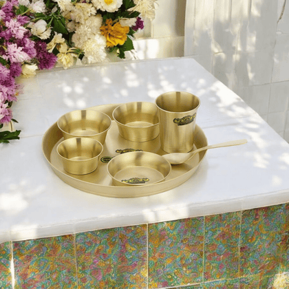 Pure Bronze Unique Matte Finish Thali Set 7 Pieces Durable Modern Design