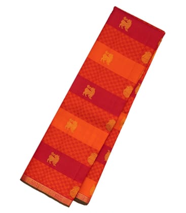 Orange Handloom Kanchipuram Silk Saree With Payadi Stripes & Buttas-Orange