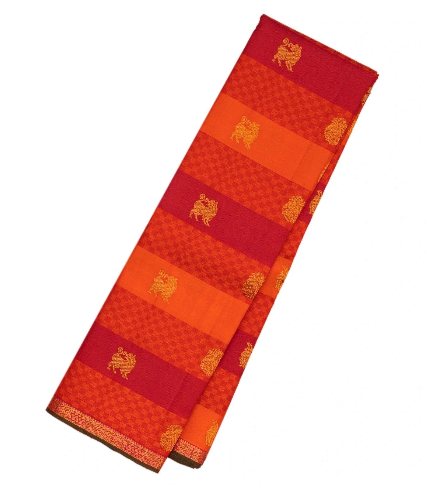 Orange Handloom Kanchipuram Silk Saree With Payadi Stripes & Buttas-Orange