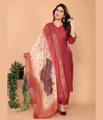 Style Samsara Women Silk Solid Straight Kurti With Pants ( Rust )