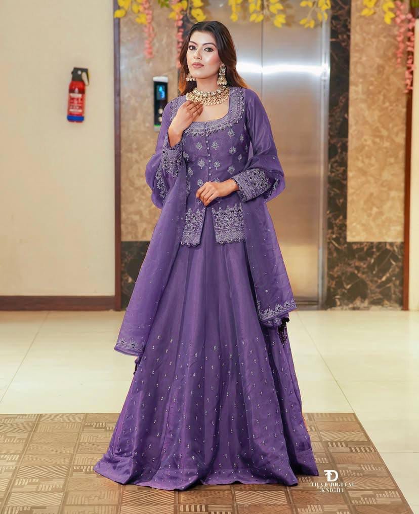 Purple Color Wedding Wear Designer Embroidered Ready to Wear Lehenga-M