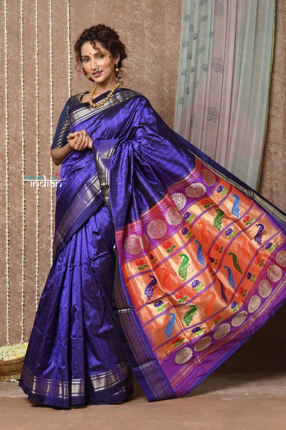 Tyohaar ~ Handloom Pure Silk  Maharani Paithani Saree with Handcrafted Peacock Lotus Pallu ~ Royal Blue