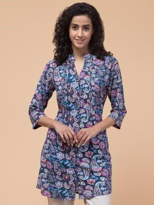 Hive91 Womens Blue Multicolor Paisley Print Rayon Tunic with 3/4 Sleeves and Mandarin Collar