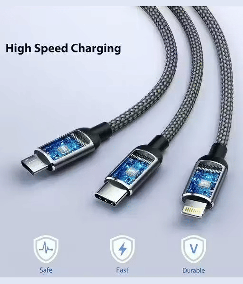 Multi-Functional Charging & Data Cable – 3-in-1 Type-C, Micro USB, and Lightning Connectors for Smartphones – 1.5 Meter Braided Cable (Heavy Duty)