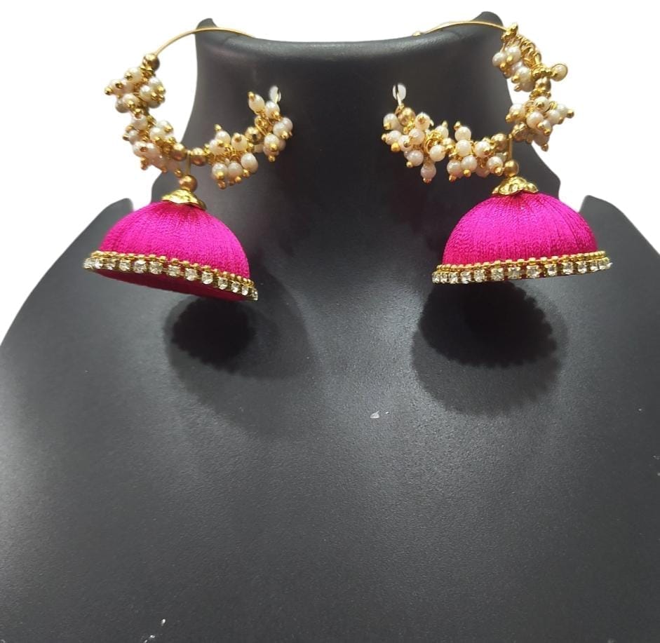 Buy Online Pink Color Silk Thread Jhumka Earrings With Pearls For Women