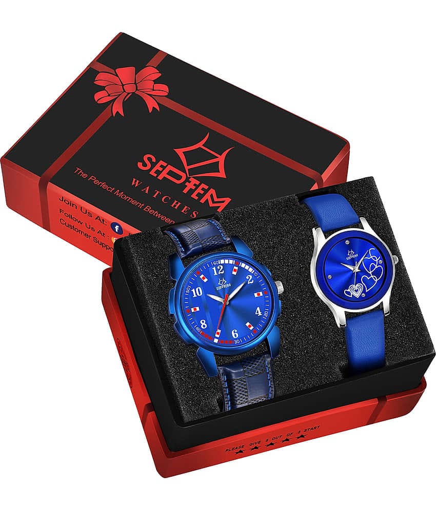 Septem Blue Leather Analog Couple's Watch