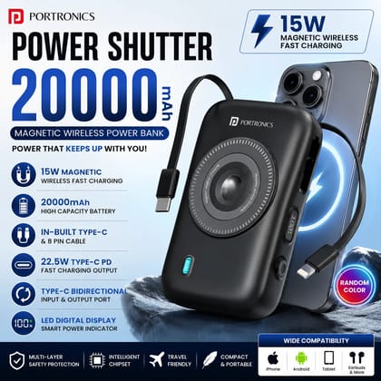 Portronics Power Shutter 20000mAh Magnetic Wireless Power Bank 15W Fast Charging with Built-in Type-C & 8-Pin Cables, 22.5W PD Type-C Output, Bidirectional USB-C Port, LED Display, Compatible with iPhone, Android, Tablets (Random Color)