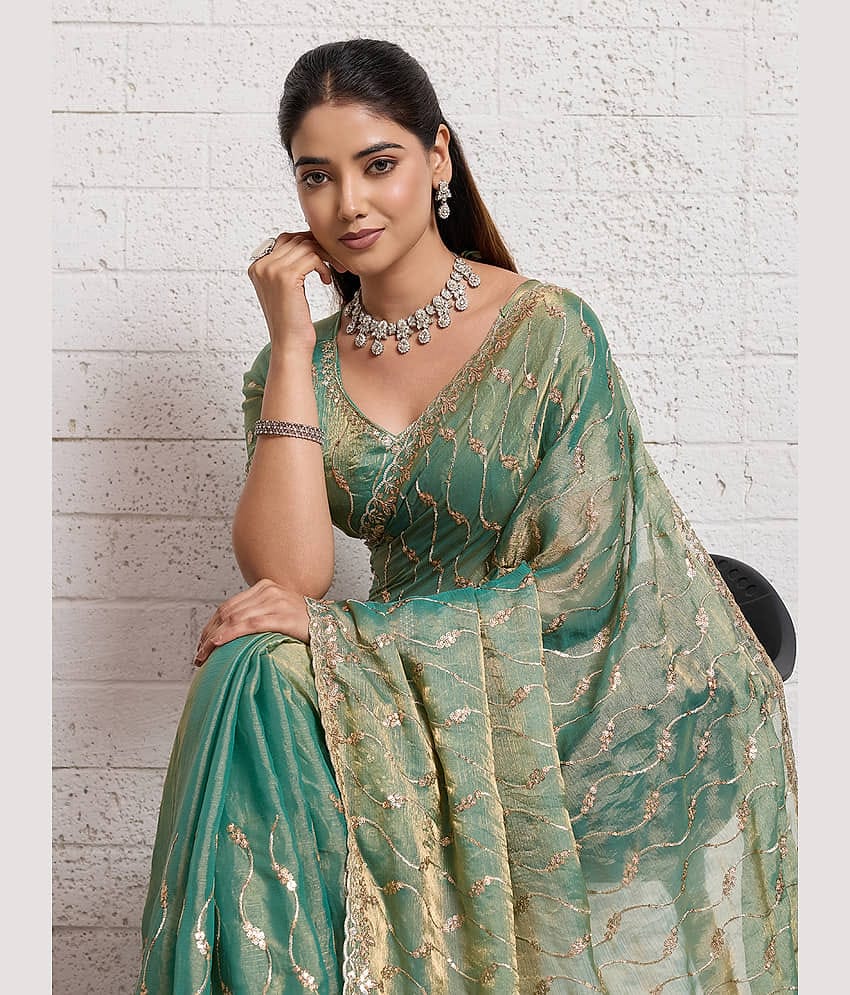 TTH Jimmy Choo Embroidered Regular Saree With Unstitched Blouse Piece ( Sky Blue )