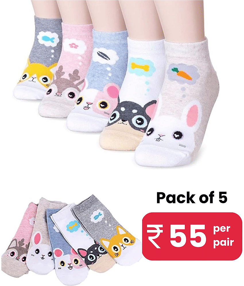 Infispace Pack of 5 Cotton Blend Women's Printed Ankle Length Socks ( Multicolor )
